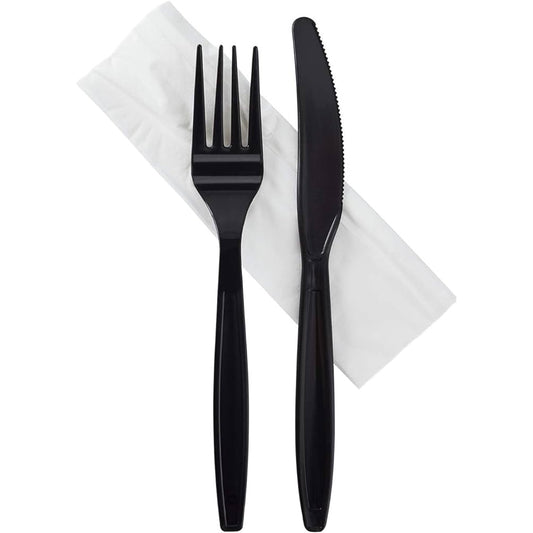 Set cubiertos blanco / negro (tenedor, cuchillo y servilleta) - 150 UND