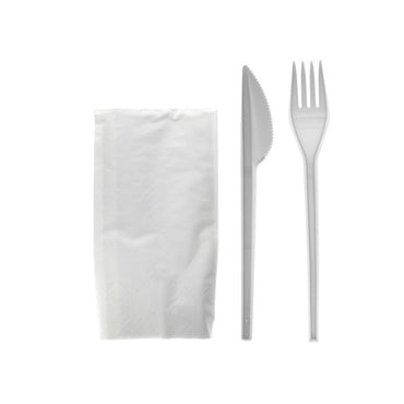 Set cubiertos blanco / negro (tenedor, cuchillo y servilleta) - 150 UND